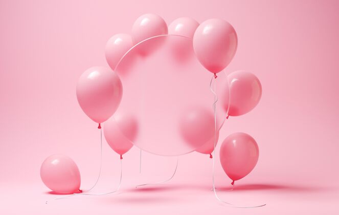 粉红色背景带模糊圆圈的粉红色气球三维粉红色气球光泽