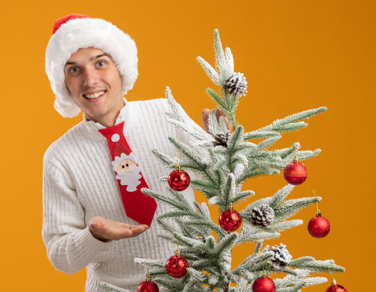 戴着微笑着的年轻帅哥戴着圣诞帽 打着圣诞老人的领带 站在装饰好的圣诞树后面 用手指着隔离在橙色墙上的圣诞树微笑领带站着