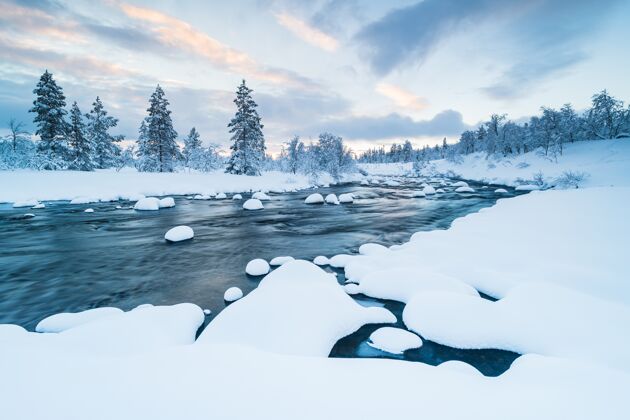 雪这条河上有雪 附近的森林冬天在瑞典被雪覆盖森林冰湖