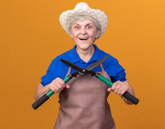 女兴奋的上了年纪的女园丁戴着园艺帽拿着园艺剪刀穿兴奋橘子