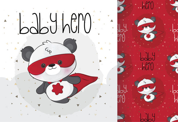 孩子可爱的小熊猫超级英雄角色与无缝模式可爱熊涂鸦