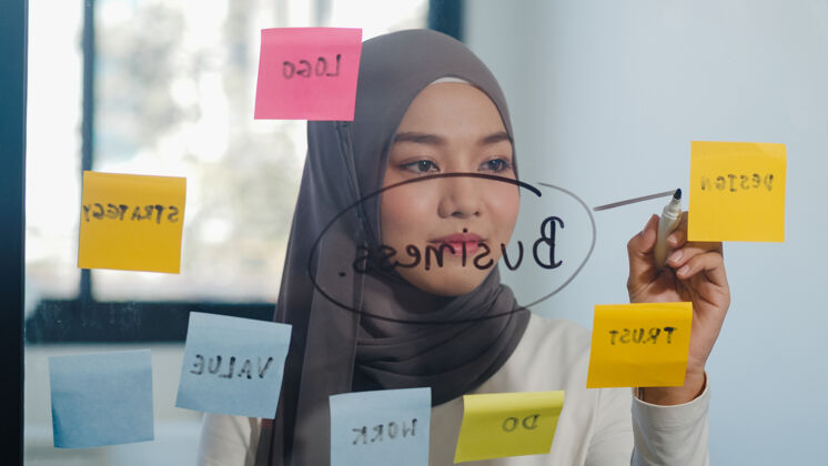 头巾亚洲女士在新常态办公室的玻璃板上写信息 策略 提醒思考商业头脑风暴