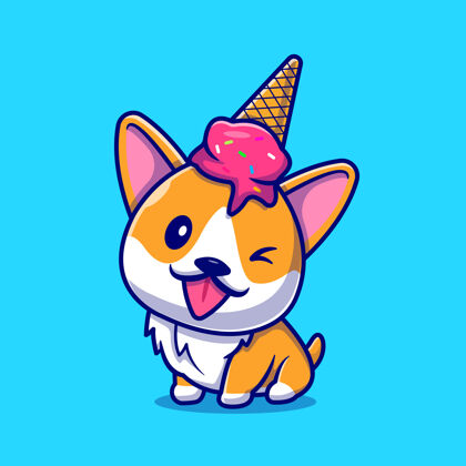 坐着可爱的科吉狗 头上有冰淇淋卡通人物动物隔离食品冰棒卡通微笑