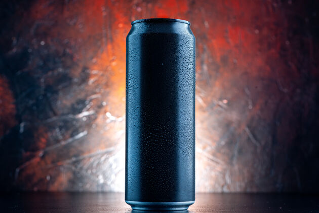 金属前视图能量饮料罐上的黑暗饮料酒精照片黑暗容器口红贝壳