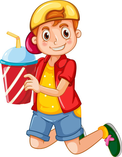 活动快乐男孩卡通人物拿着一个饮料塑料杯小学享受空白