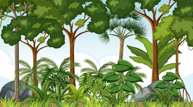 系列白天有许多树木的森林景观卡通水平丛林