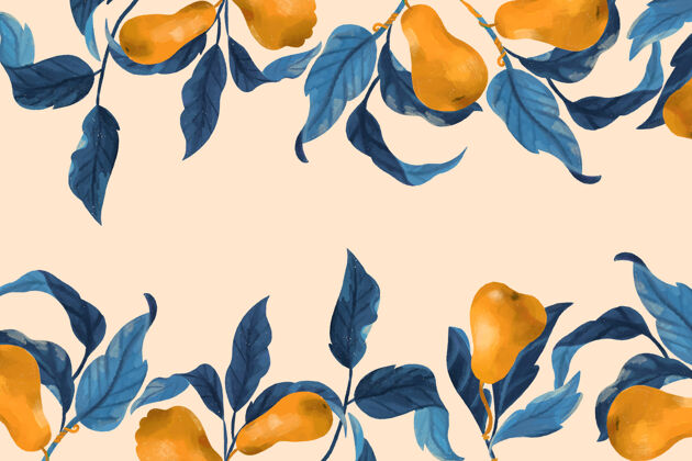 手绘梨子和树叶框架在手绘风格的背景自然事件水果