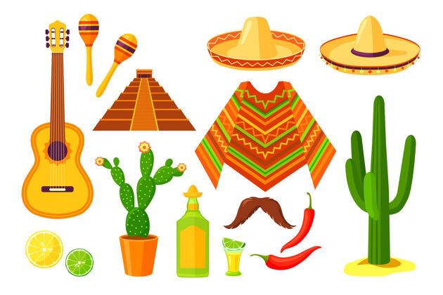 热带一套卡通墨西哥传统符号拉丁金字塔聚会