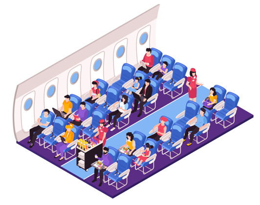 工作人员飞机沙龙内部等距组成与乘务员空乘客在飞行期间用餐旅行等轴测飞机