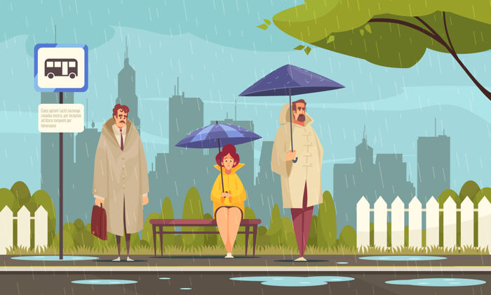 公寓雨天 穿着大衣的人打着雨伞在车站等车车站穿等待