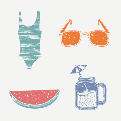 水果海滩上的涂鸦夏天插图集夏天海滩太阳镜