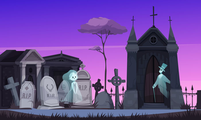 和平两个穿着老式衣服的鬼魂在晚上沿着旧墓地散步墓地纪念礼拜堂