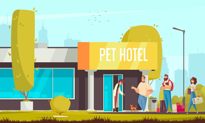 队列宠物保姆酒店组成城市街景和建筑物入口与宠物主人排队街道城市入口
