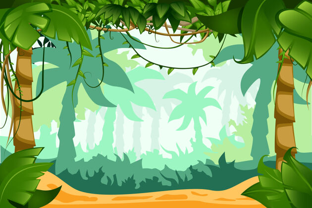 热带热带雨林卡通景观组成攀援藤本植物多汁的叶子和褪色的棕榈背景棕榈卡通组成