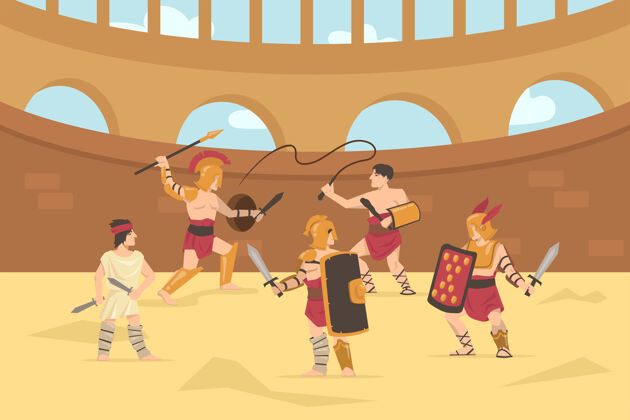 民用罗马装甲兵用剑 矛和鞭子战斗卡通插图鞭子罗马战争