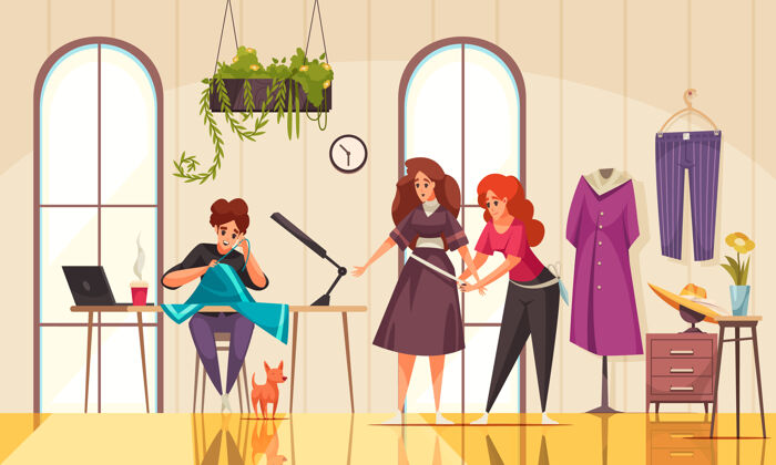 女人友好的女裁缝测量服装和缝纫在现代工作室的女人线车间缝纫机