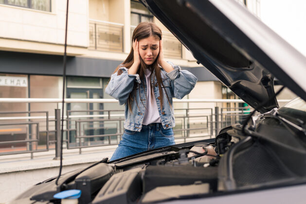 服务年轻忧心忡忡的女孩正在用电话向技工解释她车子的问题移动损坏需要