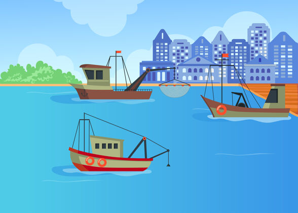 城市卡通渔船在港口平面图风水手港口