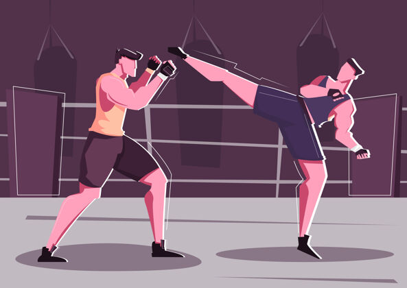 运动手对手战斗平面图与两名男子在运动服摔跤在环人战斗手