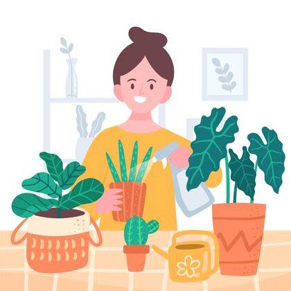 浇水植物人们照顾植物的平面插图花儿快乐的人五颜六色