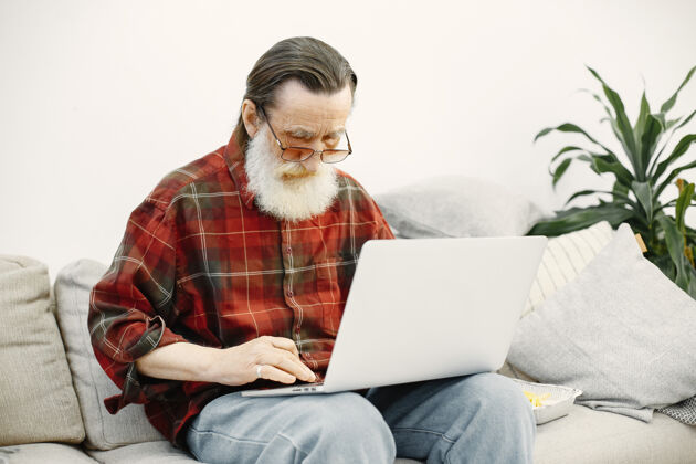 现代长相不错的高级男士用笔记本电脑工作坐在沙发上独居显示器集中