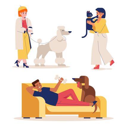 平面插图带宠物的人的平面图宠物护理有趣的动物平面设计