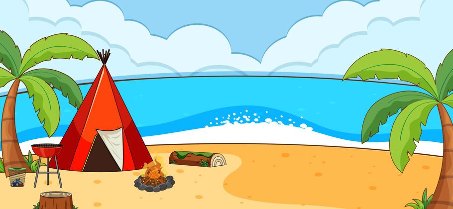 海洋海滩户外场景与露营帐篷沿着海滩帐篷树火