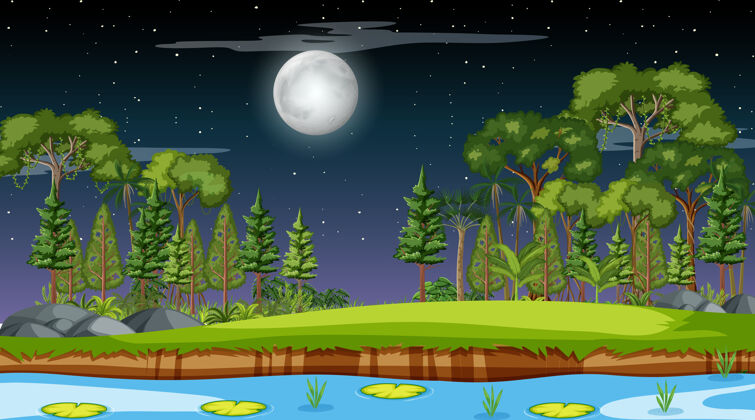 乡村夜景中的自然森林景观 长河穿过草地生态系统温暖夜晚