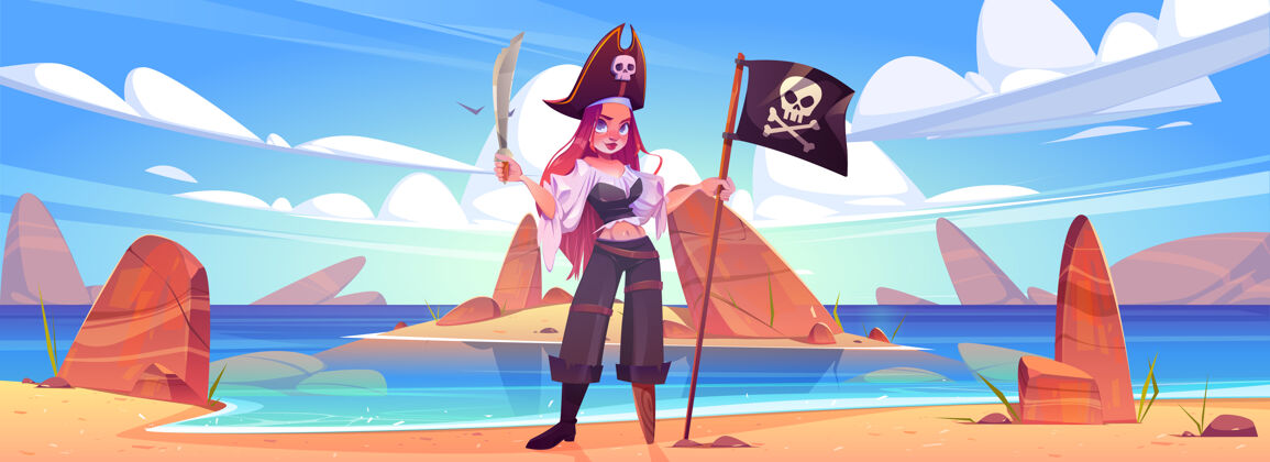 立场带着快乐的罗杰旗和剑在海滩上的小海盗服装海盗女孩