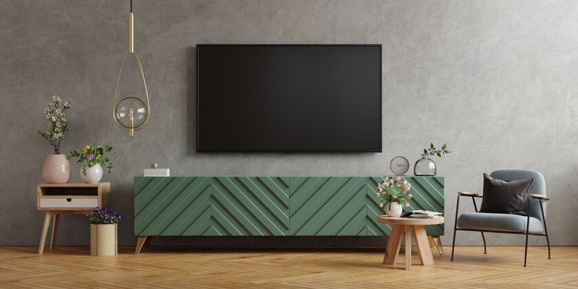 架子电视壁挂在现代客厅的柜子上 混凝土墙 3d渲染木材室内灯光