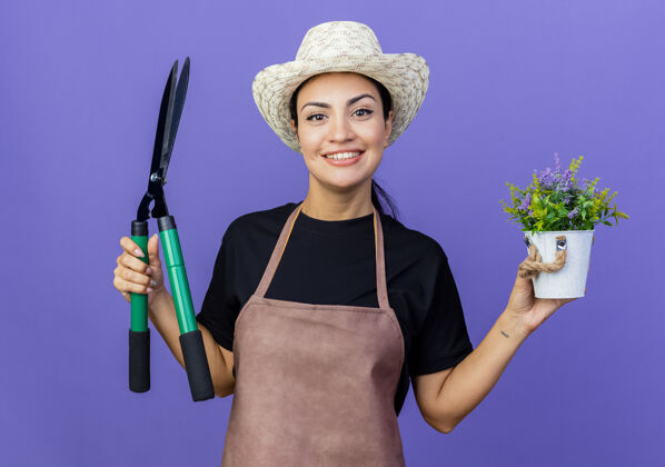 女人年轻漂亮的女园丁 围着围裙 戴着帽子 手里拿着篱笆剪和盆栽植物 微笑着站在蓝色的墙上人帽子站着