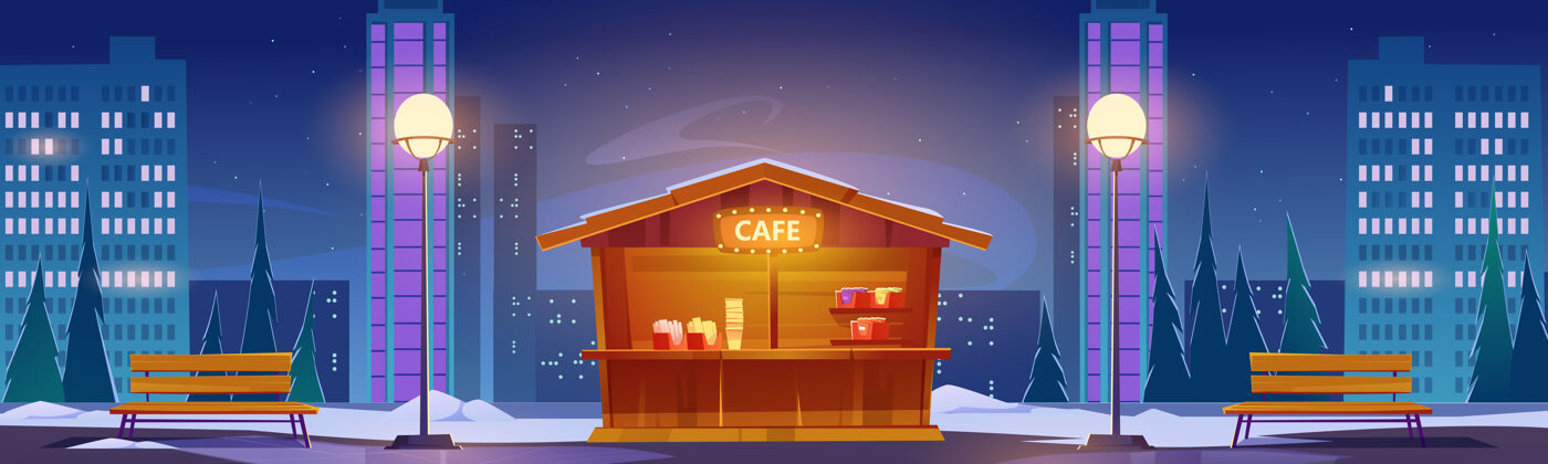 咖啡馆冬夜城市景观街上的快餐店城镇外面雪