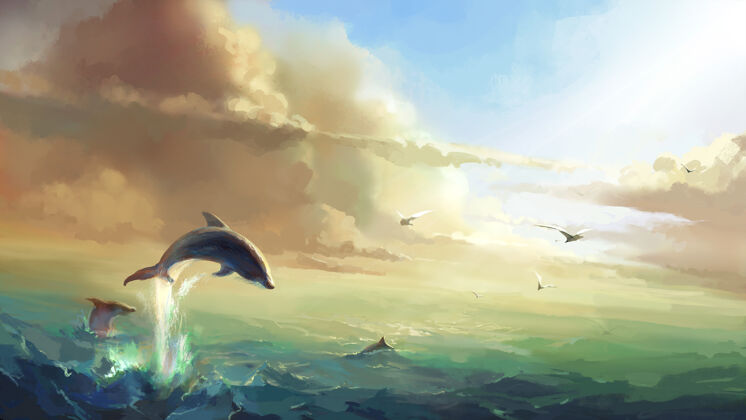 海岸阳光下的大海 跳跃的海豚鸟阳光水下