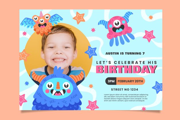 怪物怪物生日邀请与照片模板手绘平面设计小孩生日派对
