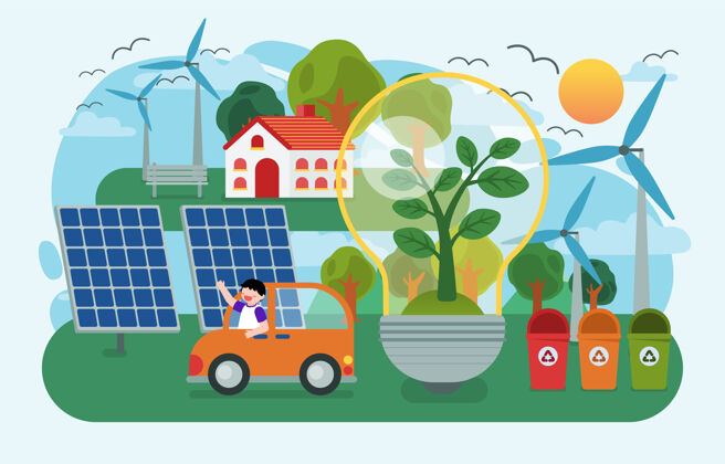 能源孩子们植树造林 用太阳能板和风力涡轮机的太阳能利用大自然的可再生能源风力涡轮机电池汽车