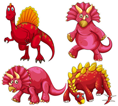 捕食者一组红色恐龙卡通人物自然系列动物群