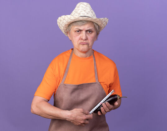女失望的上了年纪的女园丁戴着园艺帽用卷尺量茄子上的紫色茄子失望胶带