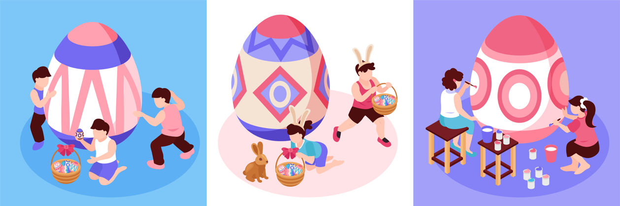 绘画复活节等距三个成人和儿童小人物画大鸡蛋方形插图集鸡蛋复活节假日