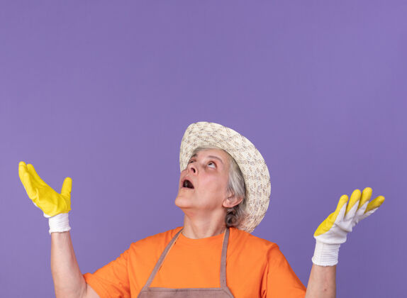 手套惊讶的上了年纪的女园丁戴着园艺帽和手套 双手张开看着紫色开花园女