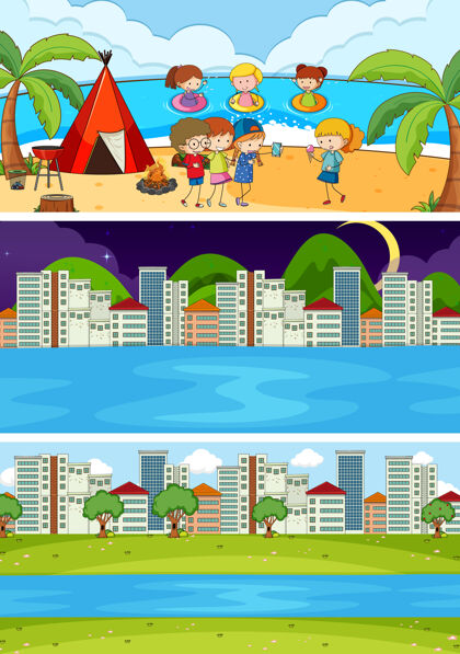 男性一组不同的地平线场景与涂鸦儿童卡通人物生活公园环境