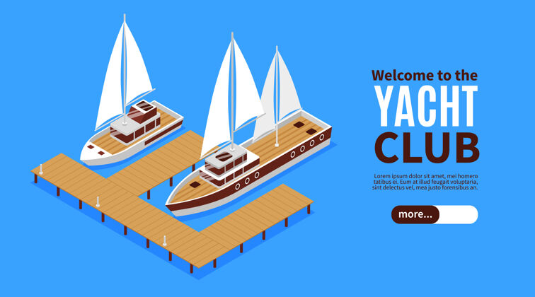 帆船等距横幅与两个豪华游艇和木制码头插图水平码头豪华