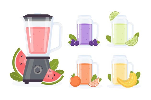 健康平面果汁在搅拌机玻璃插图美味水果冰沙食品