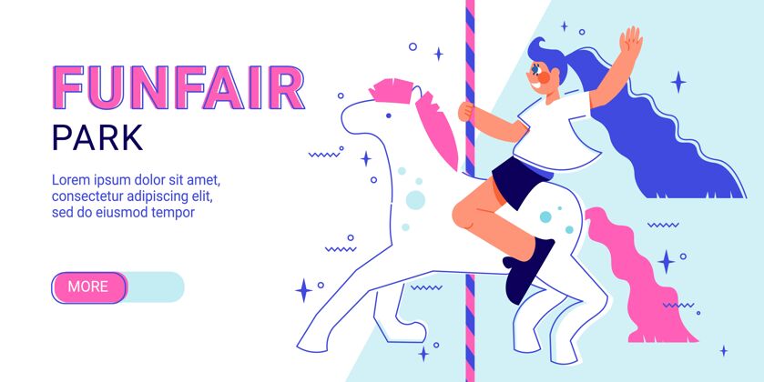公园Funfair游乐园横幅与滑块更多按钮可编辑的文字和骑独角兽的女孩字符游乐场更多人物