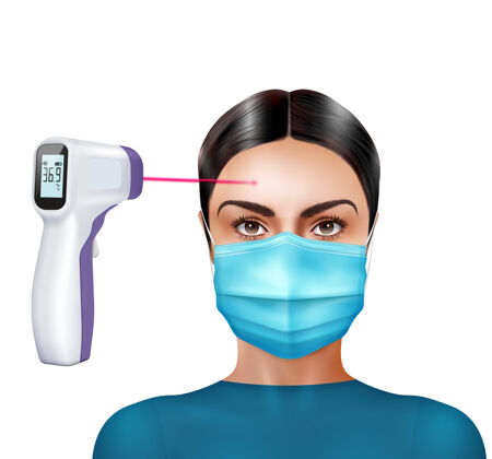 数字红外测温仪用数字测温仪和射线图检查面具中女性角色的真实构图现实组成温度计