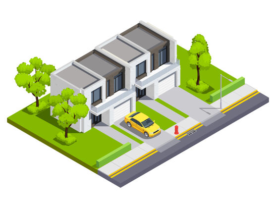 公寓郊区建筑等距图 带有私人联排别墅 供两个家庭使用 独立输入和汽车在房屋区域内别墅所有权屋顶