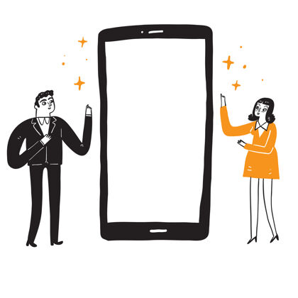 满意度男人和女人的插图引导着智能手机的屏幕反馈技术套装