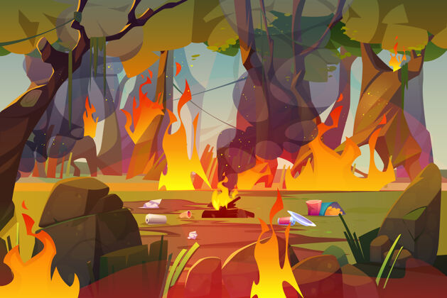 火灾森林里的大火用熊熊的火焰和垃圾污染了木头垃圾舌头全球