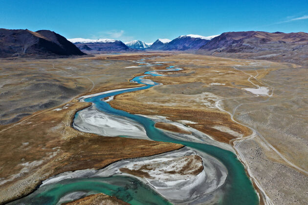 美空中拍摄蒙古鄂尔浑河景背景水