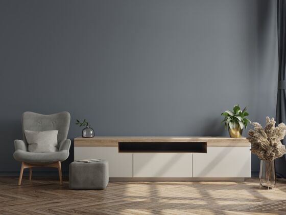 舒适木质电视柜内装暗墙3d渲染空白地板公寓