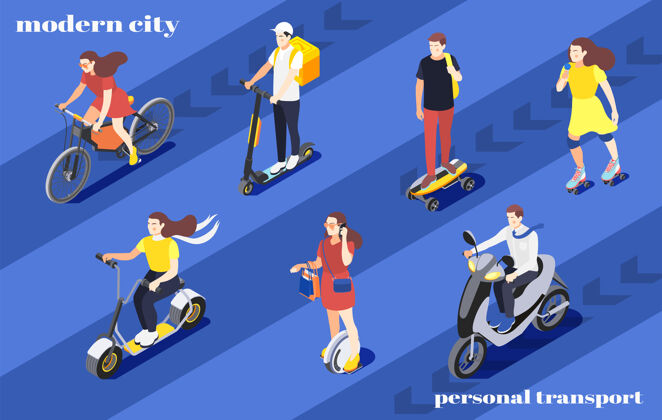 转男男女女骑自行车独轮车滑板车轮滑滑板城市周围等距城市自行车等距